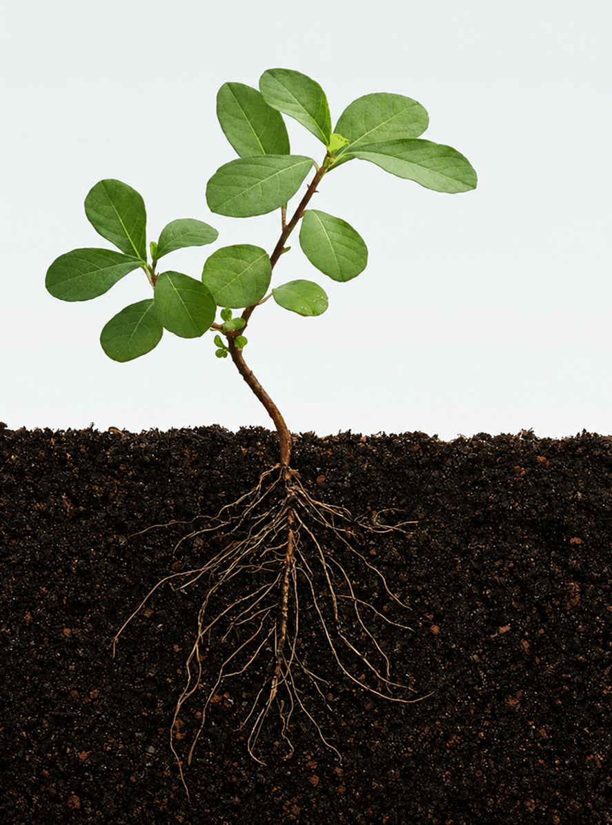 Young plant growing in soil with its roots visible below the surface.