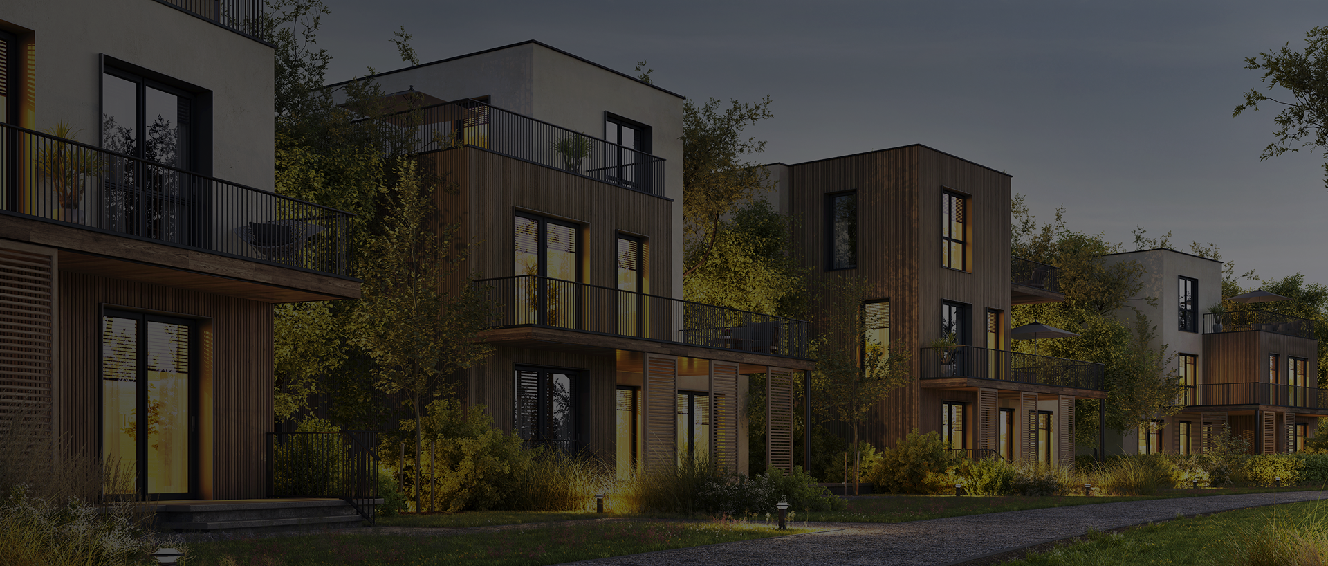 Modern residential buildings with wood-clad facades, balconies, and landscaped greenery.